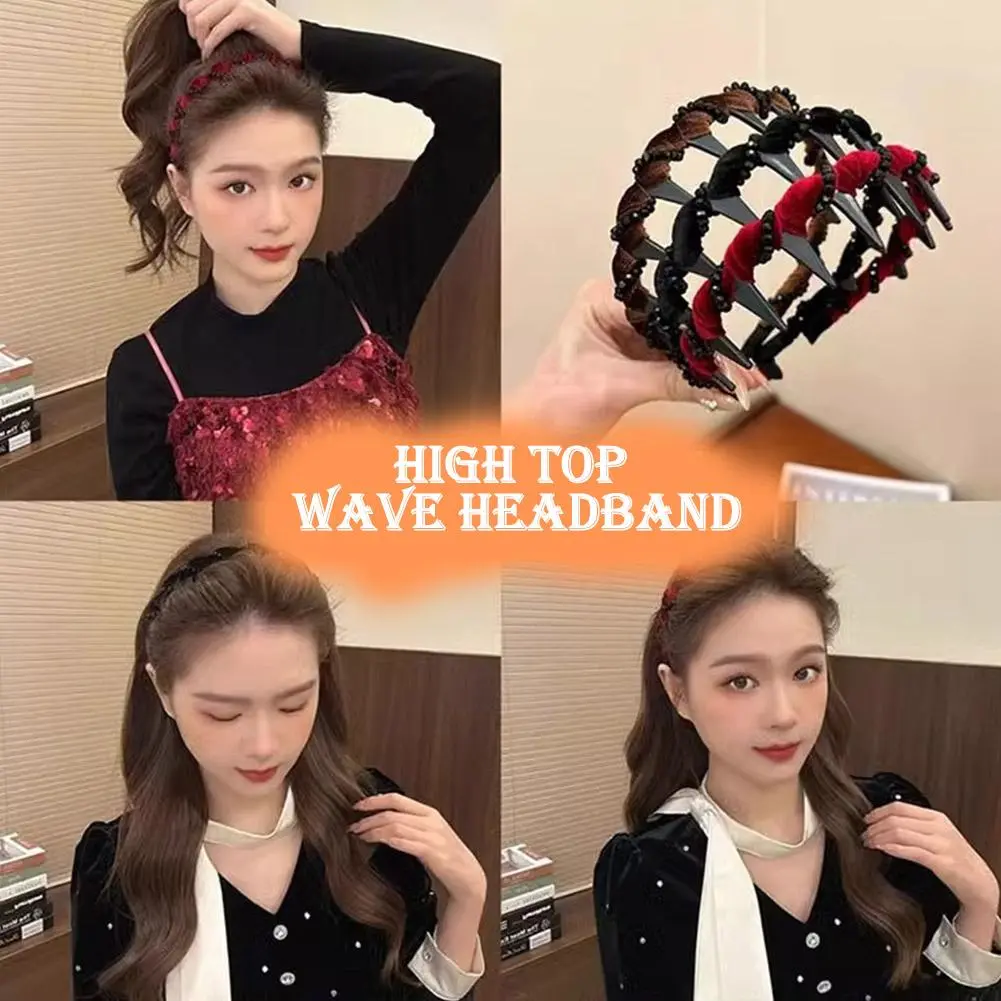 Vintage Velvet Pearl Wave Top Hairband Anti-Slip Toothed Hairband For Women Girls Fashion Sweet Hair Accessories