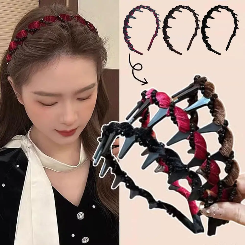 Vintage Velvet Pearl Wave Top Hairband Anti-Slip Toothed Hairband For Women Girls Fashion Sweet Hair Accessories
