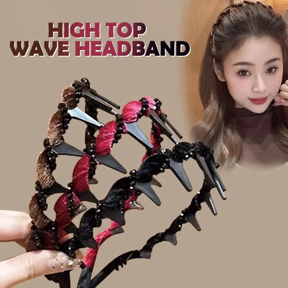Vintage Velvet Pearl Wave Top Hairband Anti-Slip Toothed Hairband For Women Girls Fashion Sweet Hair Accessories