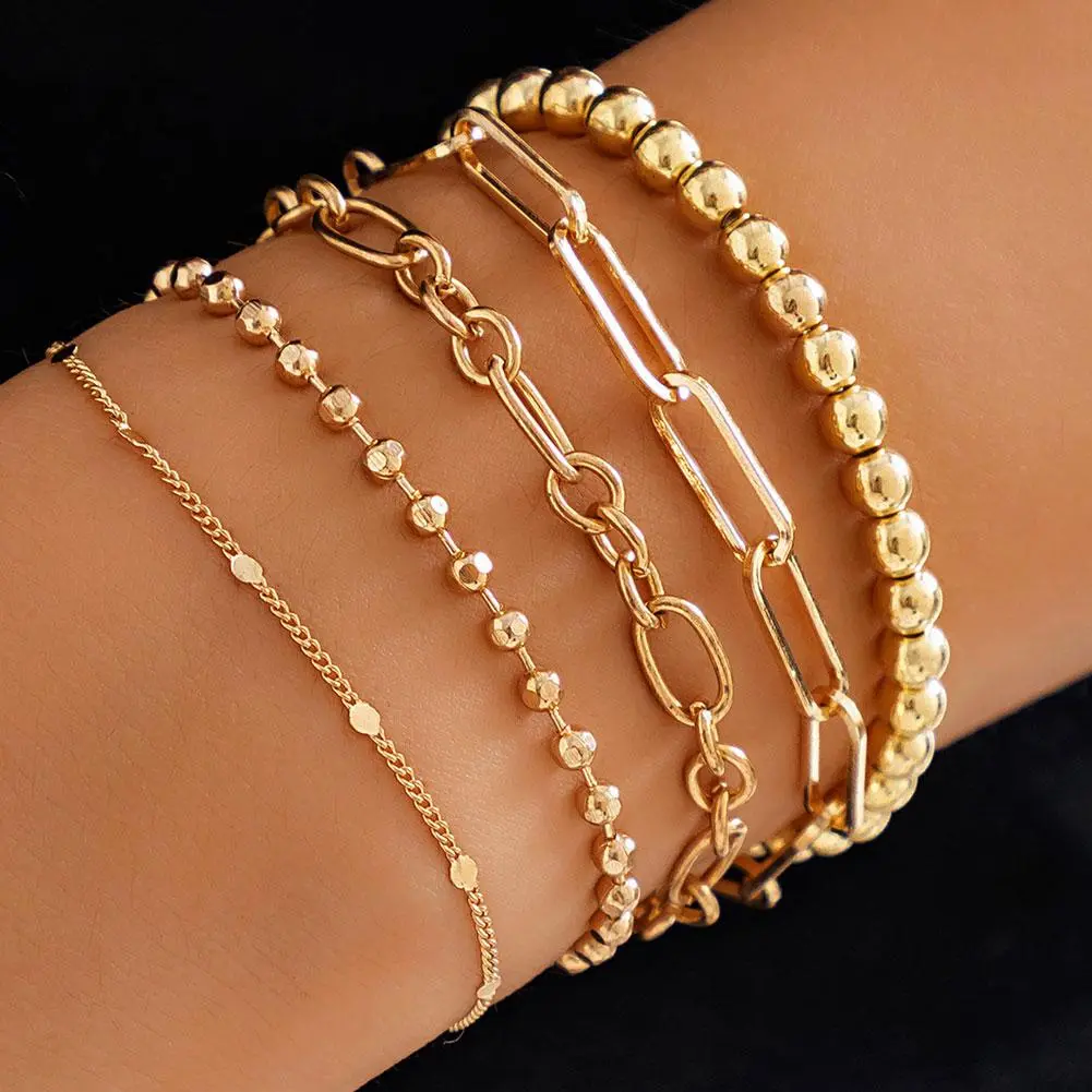 Boho Gold Color Link Chain Bracelet Set For Women Geometric Round Circle Tassel Charm Open Bangle Female Jewelry