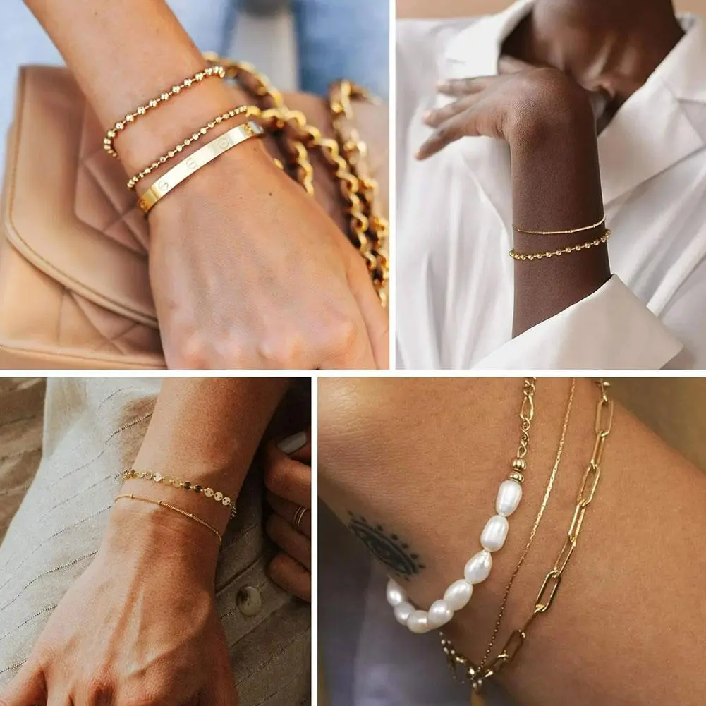 Boho Gold Color Link Chain Bracelet Set For Women Geometric Round Circle Tassel Charm Open Bangle Female Jewelry