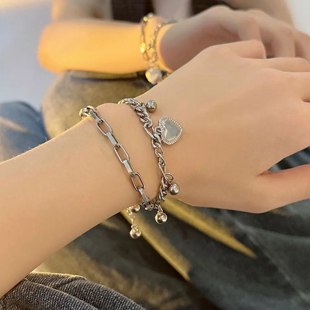 316L Stainless Steel New Fashion Waterproof Jewelry Bohemia Style 2-Layer Love Heart Ball Charm Chain Bracelet For Lovers women