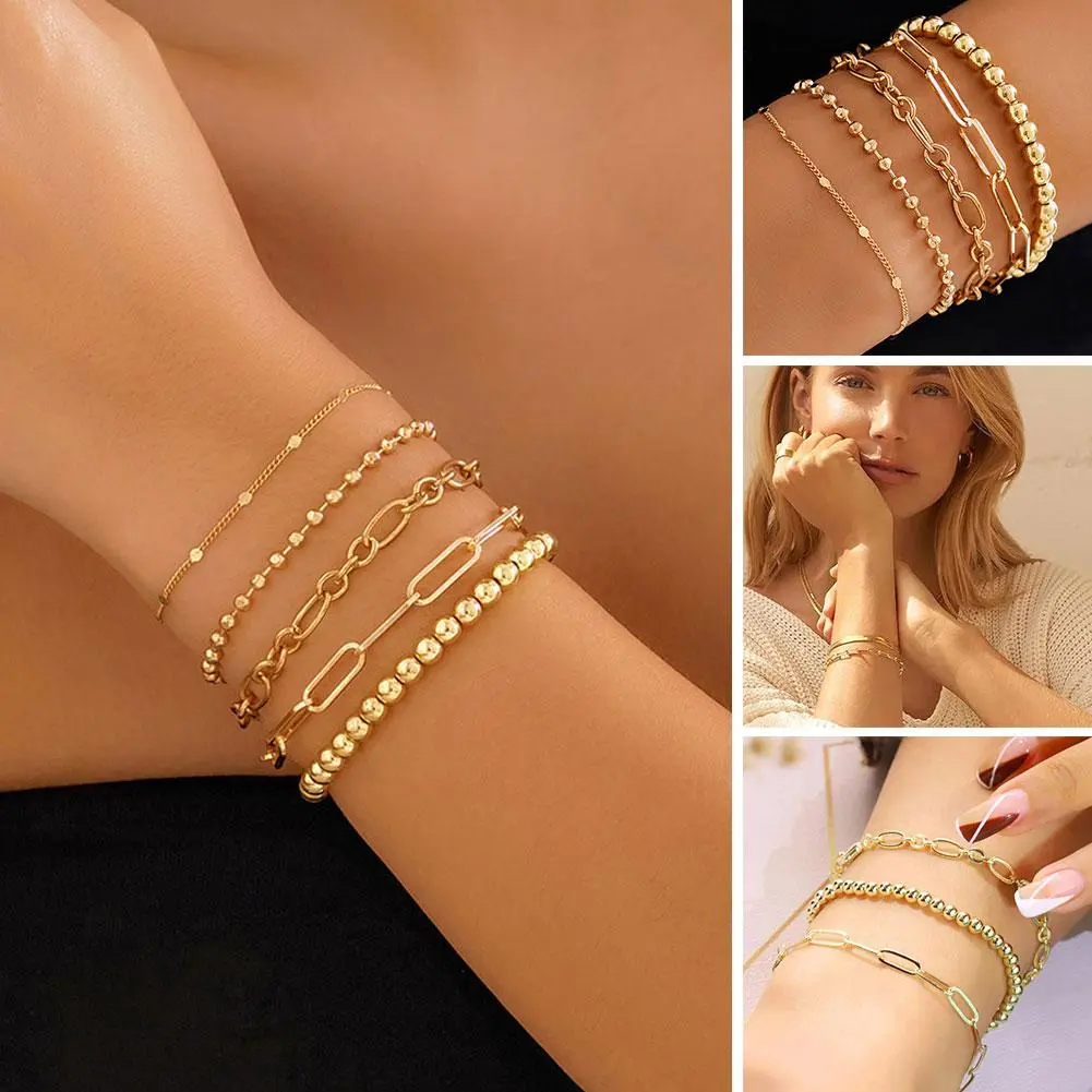 Boho Gold Color Link Chain Bracelet Set For Women Geometric Round Circle Tassel Charm Open Bangle Female Jewelry