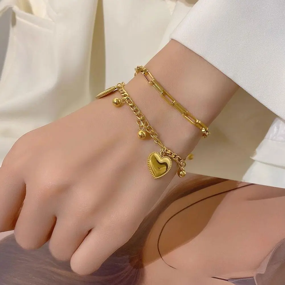 316L Stainless Steel New Fashion Waterproof Jewelry Bohemia Style 2-Layer Love Heart Ball Charm Chain Bracelet For Lovers women
