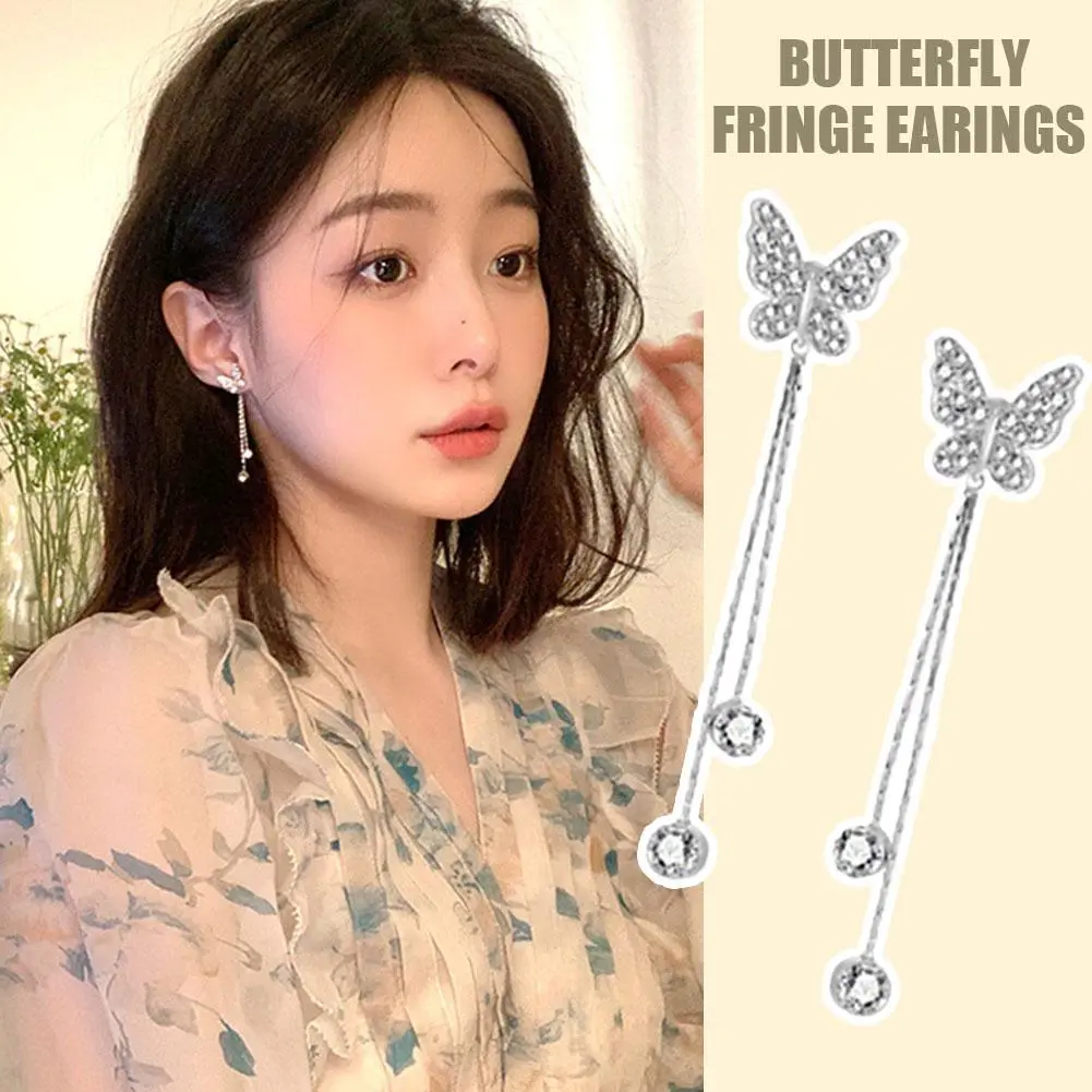 Exquisite Shiny Long Tassel Zircon Butterfly Stud Earrings Women Fashion Sweet Student Birthday Gift Jewelry