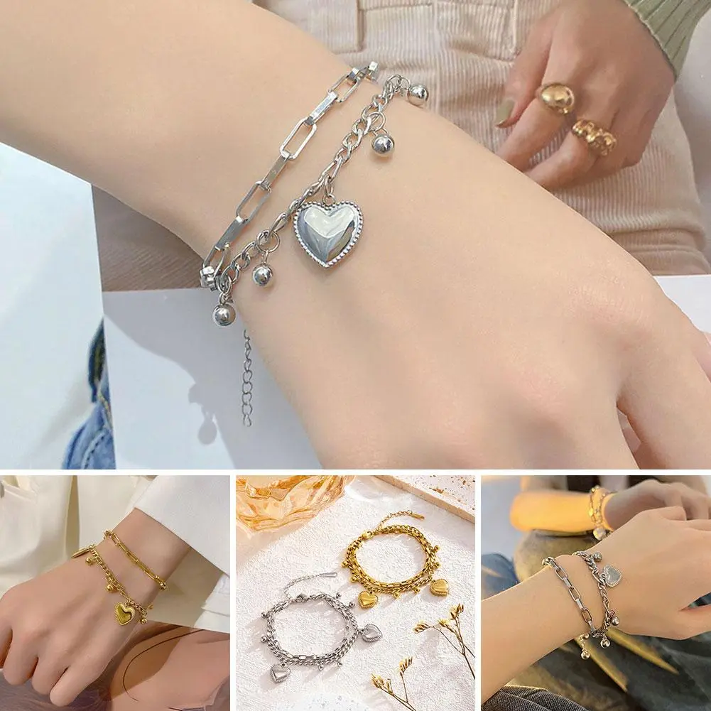 316L Stainless Steel New Fashion Waterproof Jewelry Bohemia Style 2-Layer Love Heart Ball Charm Chain Bracelet For Lovers women