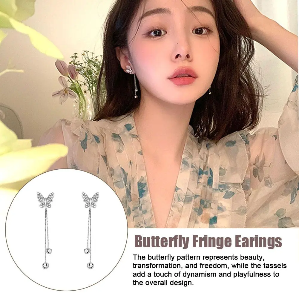 Exquisite Shiny Long Tassel Zircon Butterfly Stud Earrings Women Fashion Sweet Student Birthday Gift Jewelry