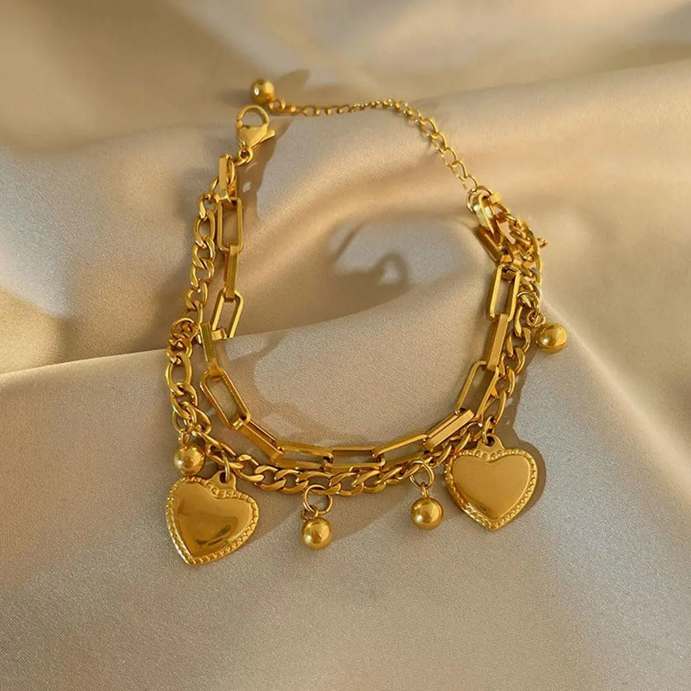 316L Stainless Steel New Fashion Waterproof Jewelry Bohemia Style 2-Layer Love Heart Ball Charm Chain Bracelet For Lovers women