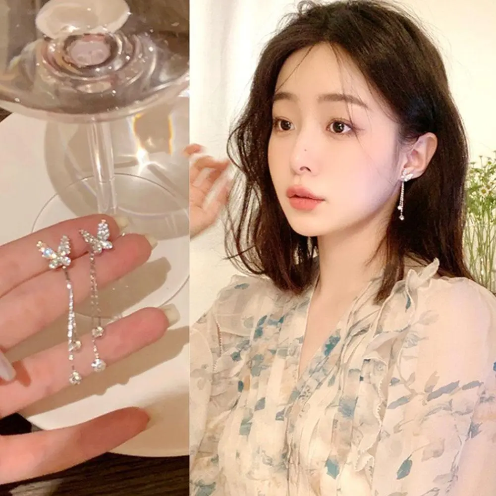 Exquisite Shiny Long Tassel Zircon Butterfly Stud Earrings Women Fashion Sweet Student Birthday Gift Jewelry
