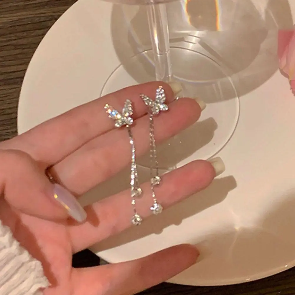 Exquisite Shiny Long Tassel Zircon Butterfly Stud Earrings Women Fashion Sweet Student Birthday Gift Jewelry