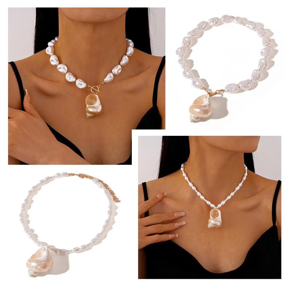 Minar Boho Nirregular Natural Trumpet Shell Imitation Pearl Pendant Necklaces for Women Gold Chain Toggle Clasp Circle Chokers