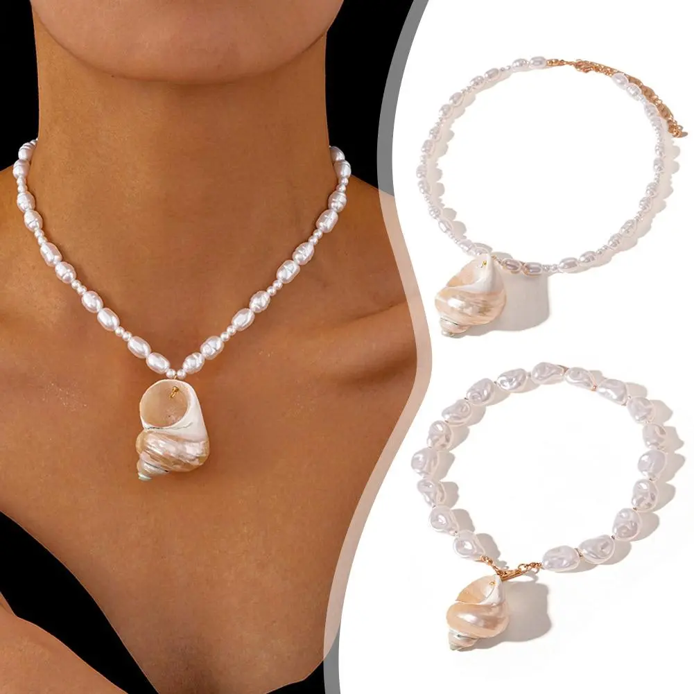 Minar Boho Nirregular Natural Trumpet Shell Imitation Pearl Pendant Necklaces for Women Gold Chain Toggle Clasp Circle Chokers