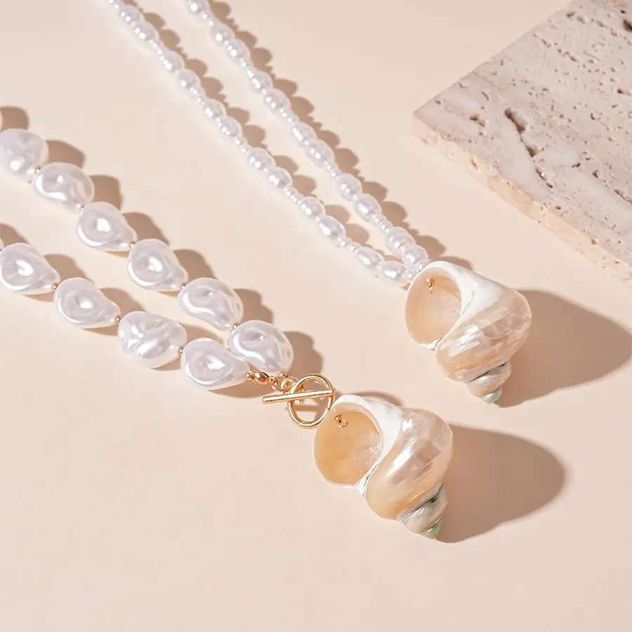 Minar Boho Nirregular Natural Trumpet Shell Imitation Pearl Pendant Necklaces for Women Gold Chain Toggle Clasp Circle Chokers