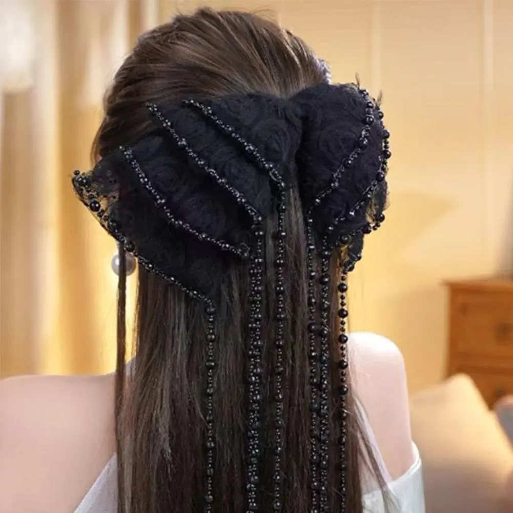 Immortal Princess Sle Spring Clip Bow Beads Spring Elegant Hairpin Tassel Graceful Accessories Women Clip All-Match Hair Y1L1
