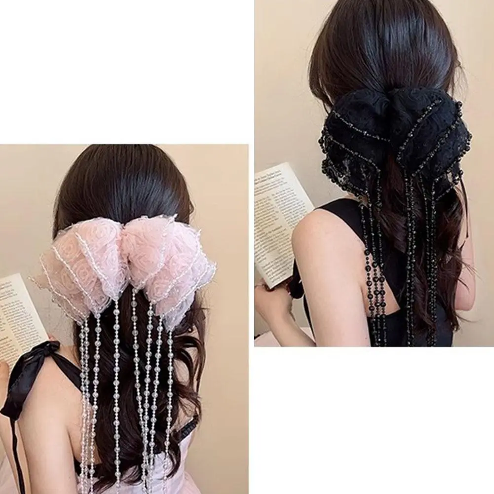 Immortal Princess Sle Spring Clip Bow Beads Spring Elegant Hairpin Tassel Graceful Accessories Women Clip All-Match Hair Y1L1