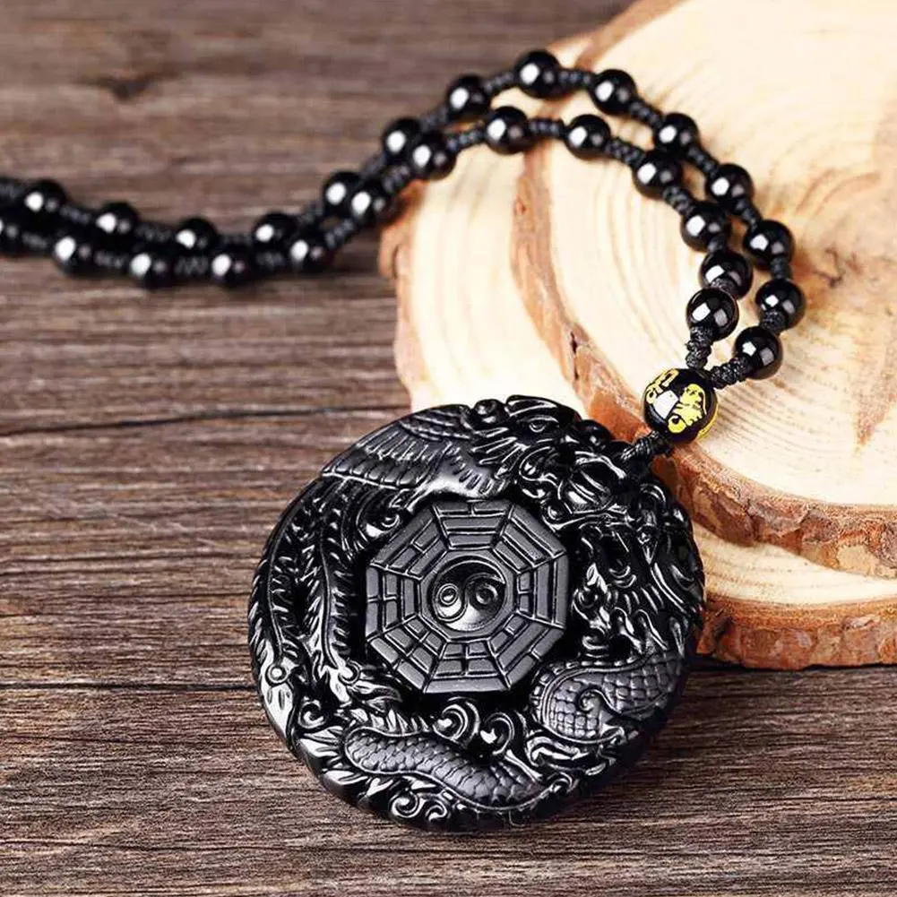Natural Black Obsidian Hand Carved Chinese Dragon Phoenix Bird Amulet BaGua Necklace For Women Men Luck Mascot Amulet Pendant