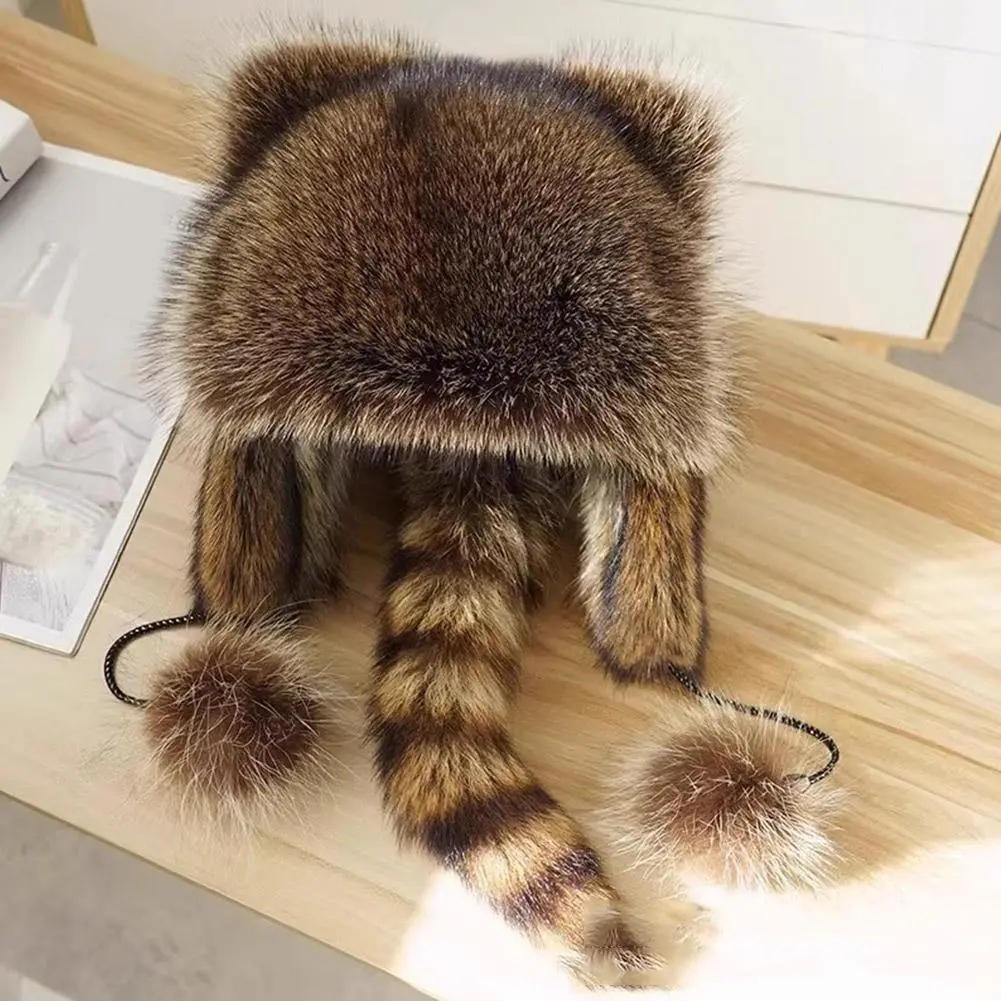 Little Raccoon Ear Protection Hat For Women Lei Feng Overlord Hat With Tail Warm Fur Caps Thickened Bomber Hat With Fur Balls