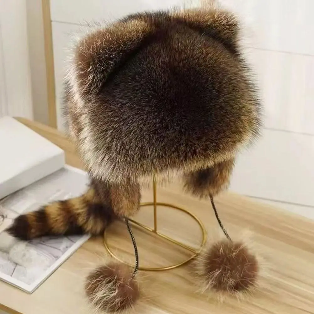 Little Raccoon Ear Protection Hat For Women Lei Feng Overlord Hat With Tail Warm Fur Caps Thickened Bomber Hat With Fur Balls