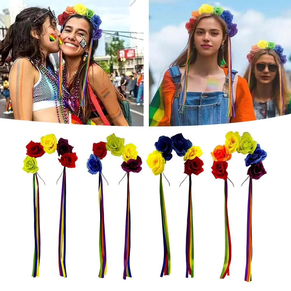 Simulation Rose Headband with Rainbow Ribbon Carnival Accessories Accessories Hair Hairband Carnival Rose Hairband W3J3