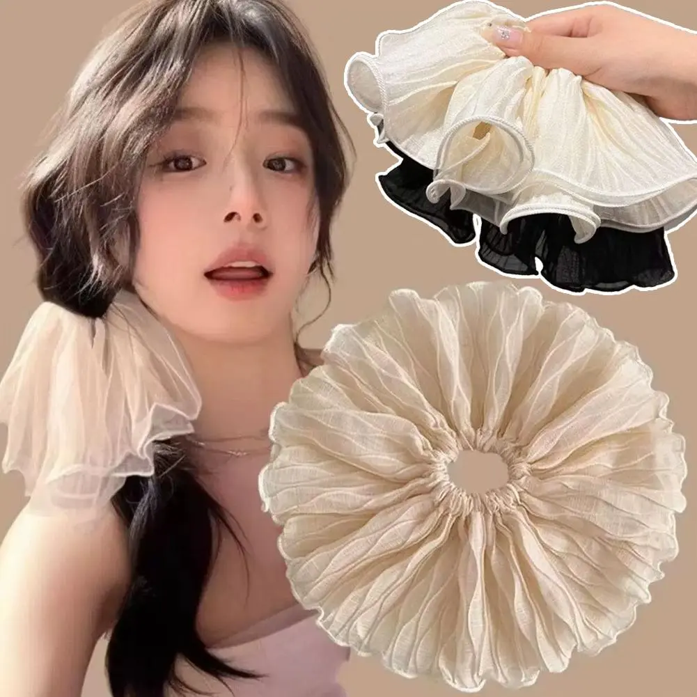 New Korean Black White Lace Cotton Pleated Scrunchies French Retro Temperament Sweet Large Hair Band Hair Accessories