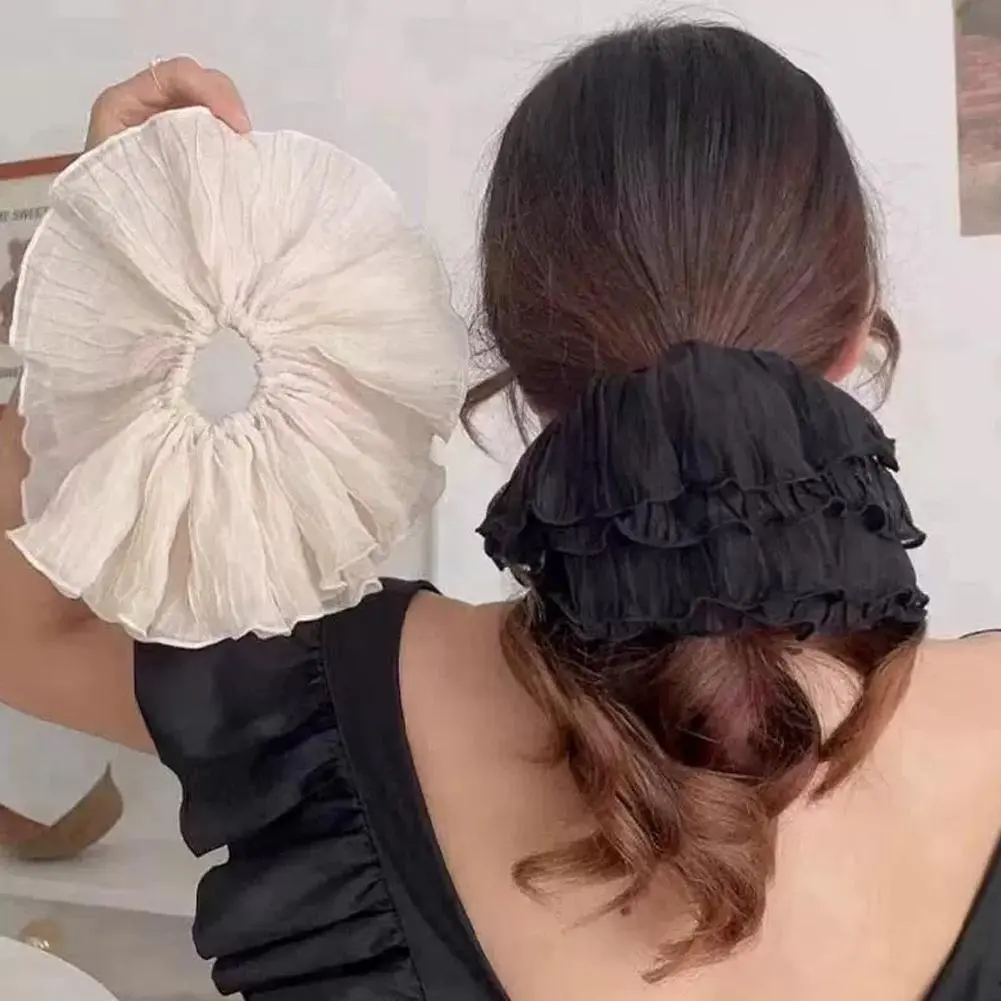 New Korean Black White Lace Cotton Pleated Scrunchies French Retro Temperament Sweet Large Hair Band Hair Accessories