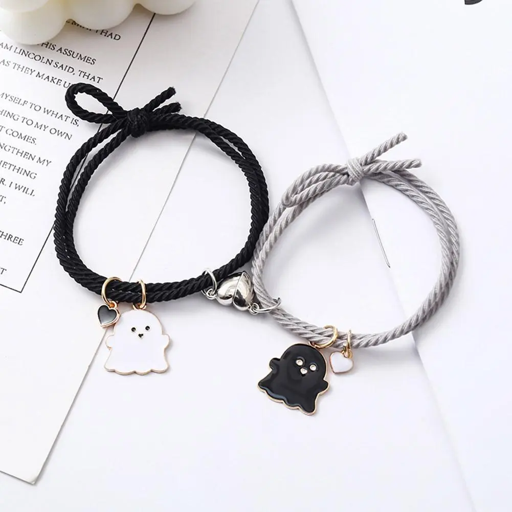 2Pcs/Set Ghost Braided Rope Matching Couple Bracelet For Women Men Romantic Heart Magnetic Distance Bracelets Halloween Jewelry
