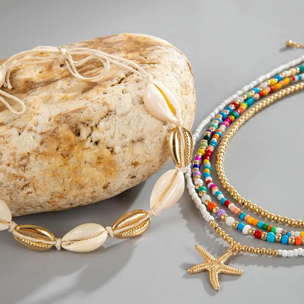 Bohemian Conch Starfish Shell Rice Beads Choker Built-up Necklace For Women Summer Beach Sexy Clavicle Chain Party Jewelry Gifts