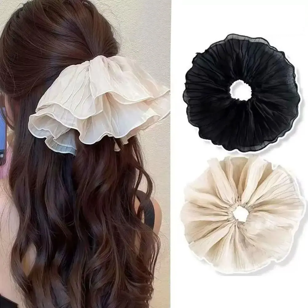 New Korean Black White Lace Cotton Pleated Scrunchies French Retro Temperament Sweet Large Hair Band Hair Accessories