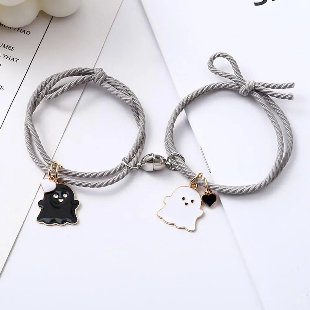 2Pcs/Set Ghost Braided Rope Matching Couple Bracelet For Women Men Romantic Heart Magnetic Distance Bracelets Halloween Jewelry