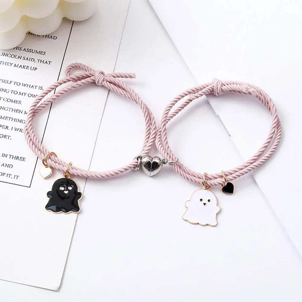 2Pcs/Set Ghost Braided Rope Matching Couple Bracelet For Women Men Romantic Heart Magnetic Distance Bracelets Halloween Jewelry