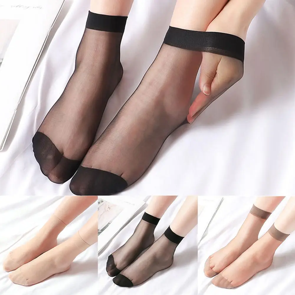 10Pairs/lot Black Skin Color Transparent Thin Women Crystal Silk Socks Nylon Fashion Ladies Female Summer Short Ankle Silk Socks