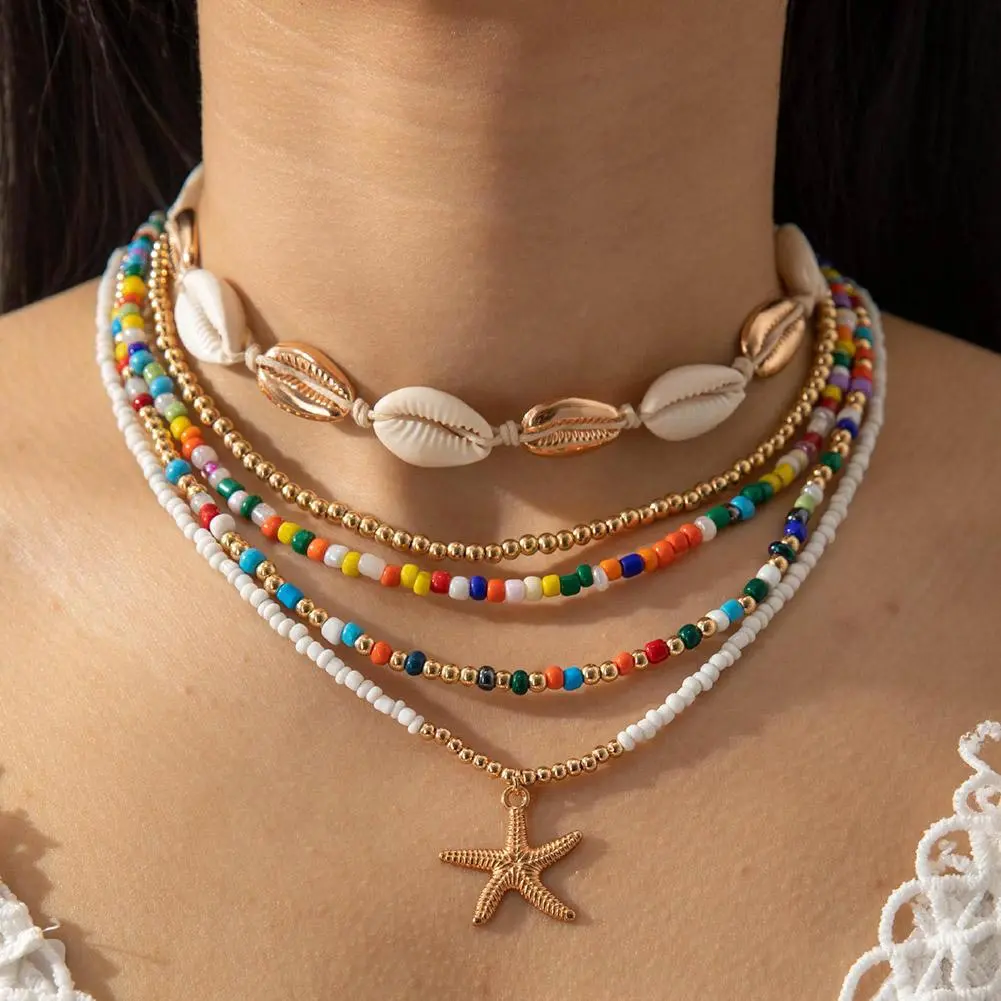 Bohemian Conch Starfish Shell Rice Beads Choker Built-up Necklace For Women Summer Beach Sexy Clavicle Chain Party Jewelry Gifts