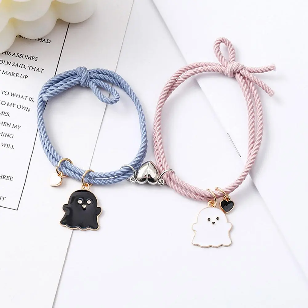 2Pcs/Set Ghost Braided Rope Matching Couple Bracelet For Women Men Romantic Heart Magnetic Distance Bracelets Halloween Jewelry