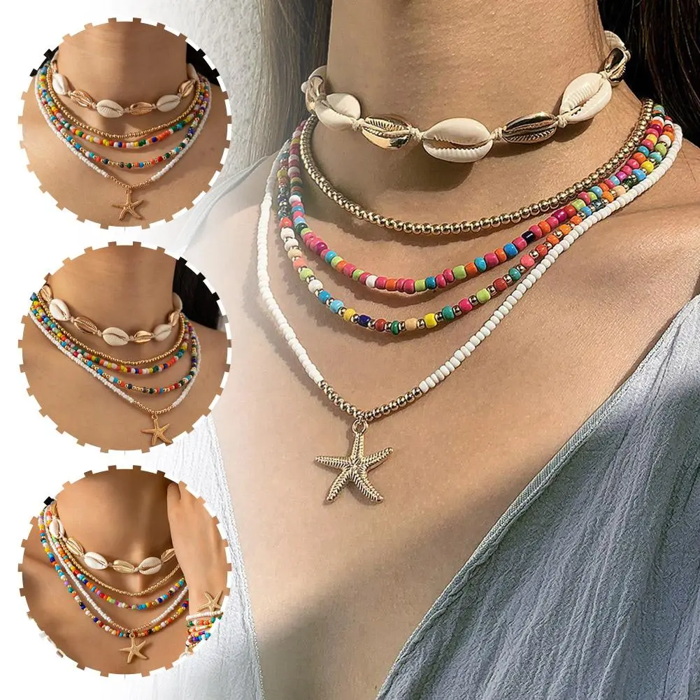 Bohemian Conch Starfish Shell Rice Beads Choker Built-up Necklace For Women Summer Beach Sexy Clavicle Chain Party Jewelry Gifts