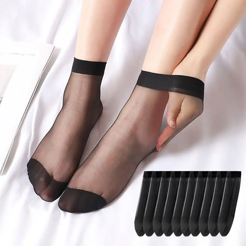 10Pairs/lot Black Skin Color Transparent Thin Women Crystal Silk Socks Nylon Fashion Ladies Female Summer Short Ankle Silk Socks