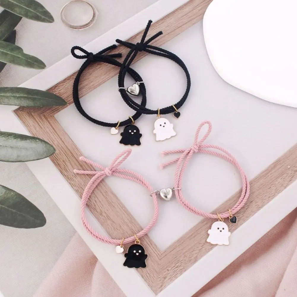 2Pcs/Set Ghost Braided Rope Matching Couple Bracelet For Women Men Romantic Heart Magnetic Distance Bracelets Halloween Jewelry