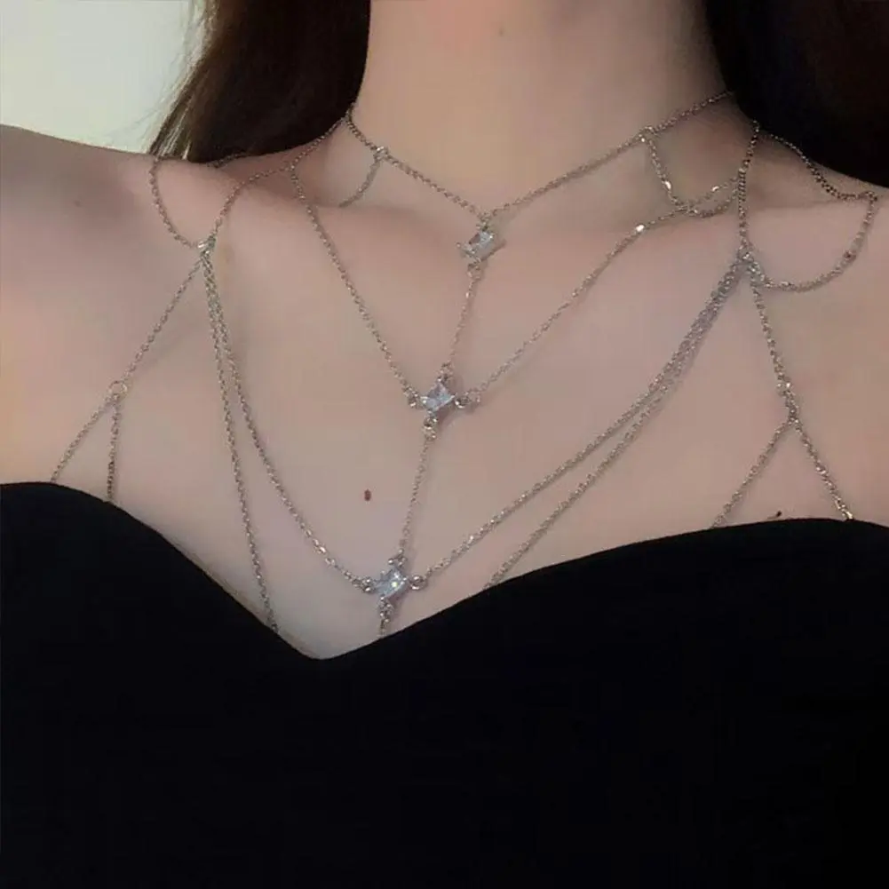 Luxury Square Crystal Chest Chain for Women Multilayer Silver Color Metal Beads Zircon Body Chain Sexy Beach Bikini Chest C V7X7