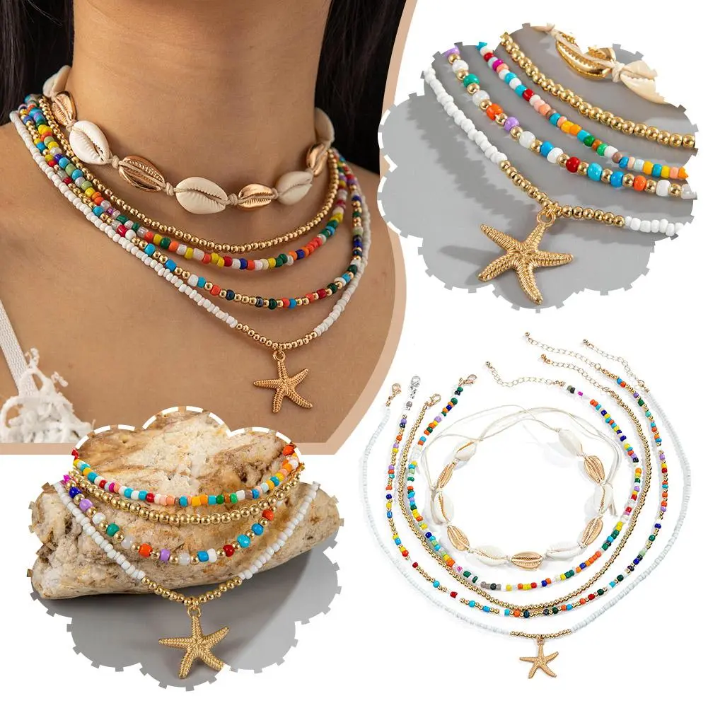 Bohemian Conch Starfish Shell Rice Beads Choker Built-up Necklace For Women Summer Beach Sexy Clavicle Chain Party Jewelry Gifts