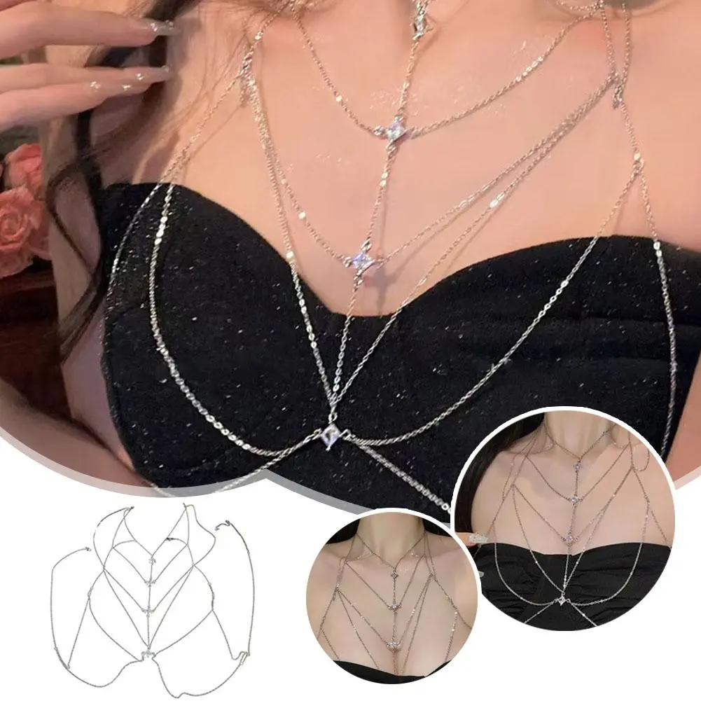 Luxury Square Crystal Chest Chain for Women Multilayer Silver Color Metal Beads Zircon Body Chain Sexy Beach Bikini Chest C V7X7