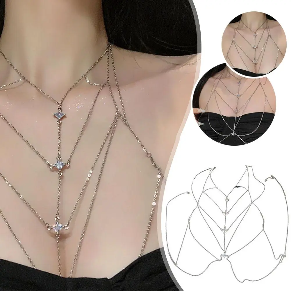 Luxury Square Crystal Chest Chain for Women Multilayer Silver Color Metal Beads Zircon Body Chain Sexy Beach Bikini Chest C V7X7