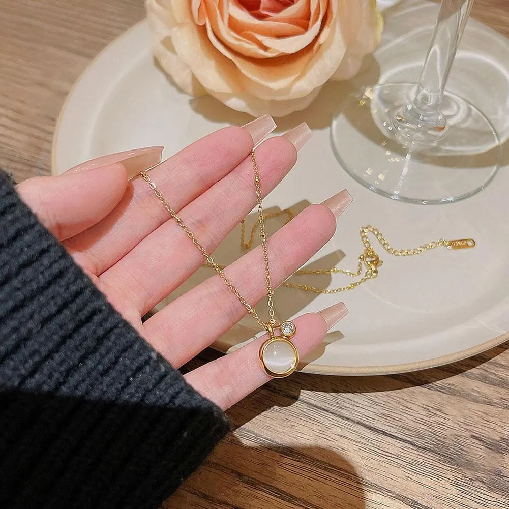 Fashion Stone Opal Oval Necklace For Women Stainless Steel Gold Color Oval Stone Pendant Necklace Wedding Aesthetic Jewelry Gift