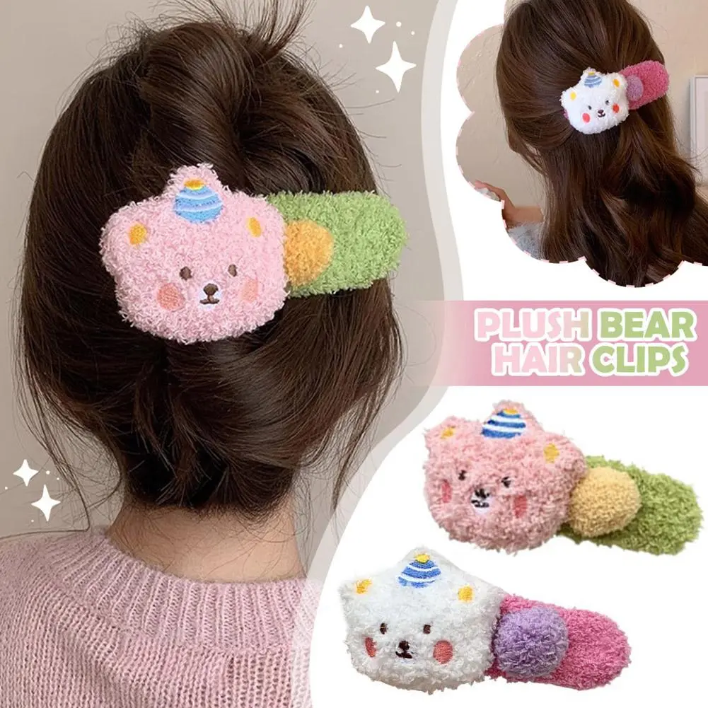 Plush Pudding Bear Hair Clip Cute Duck Beak Large Hairpin, Kawaii Back Head Clip for Girls, Soft Plush Hair Accessories A6H5