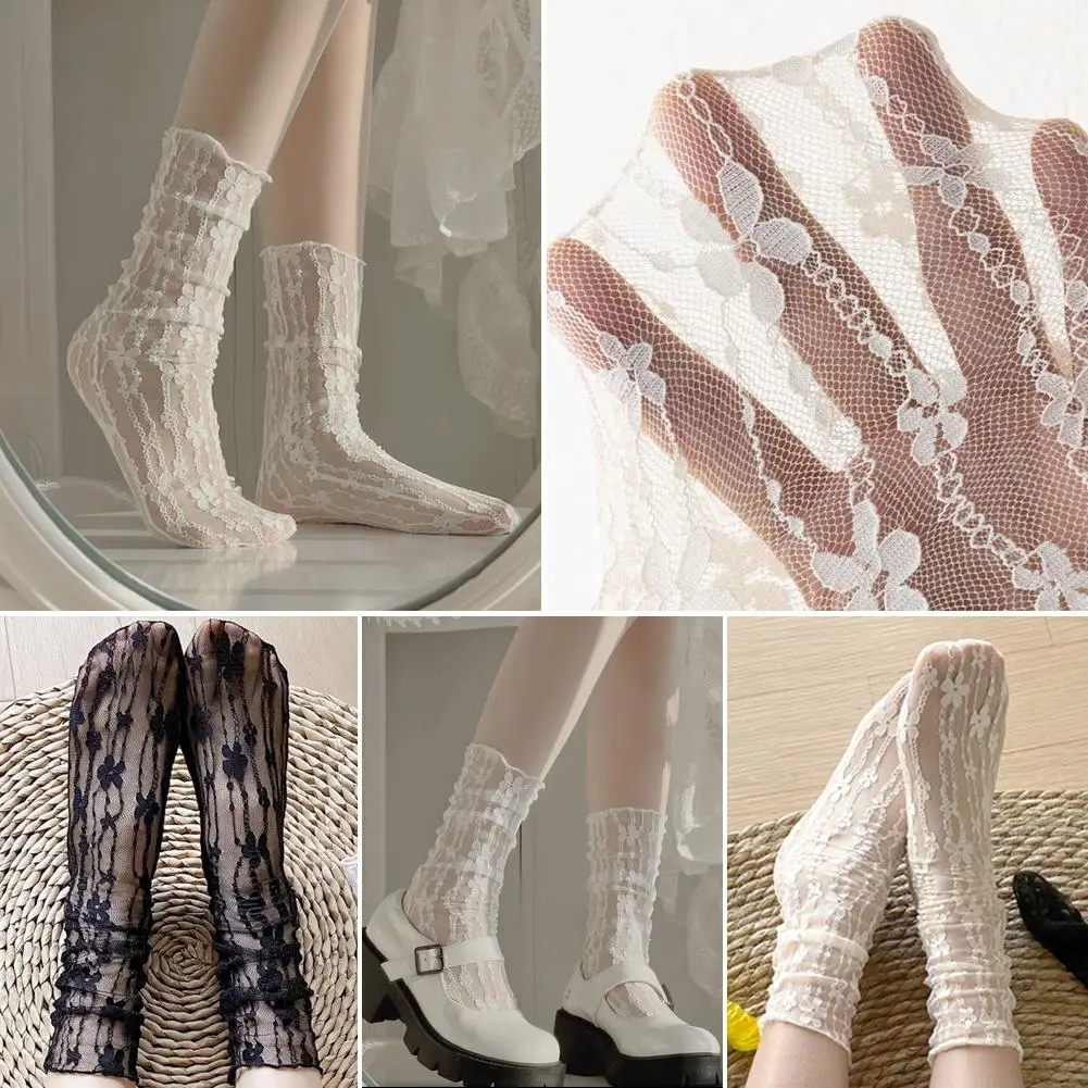Women's Harajuku Ladies Breathable Transparent Floral Lace Socks Sweet Mesh Fishnet Socks Soft Funny Socks Hosiery Sox