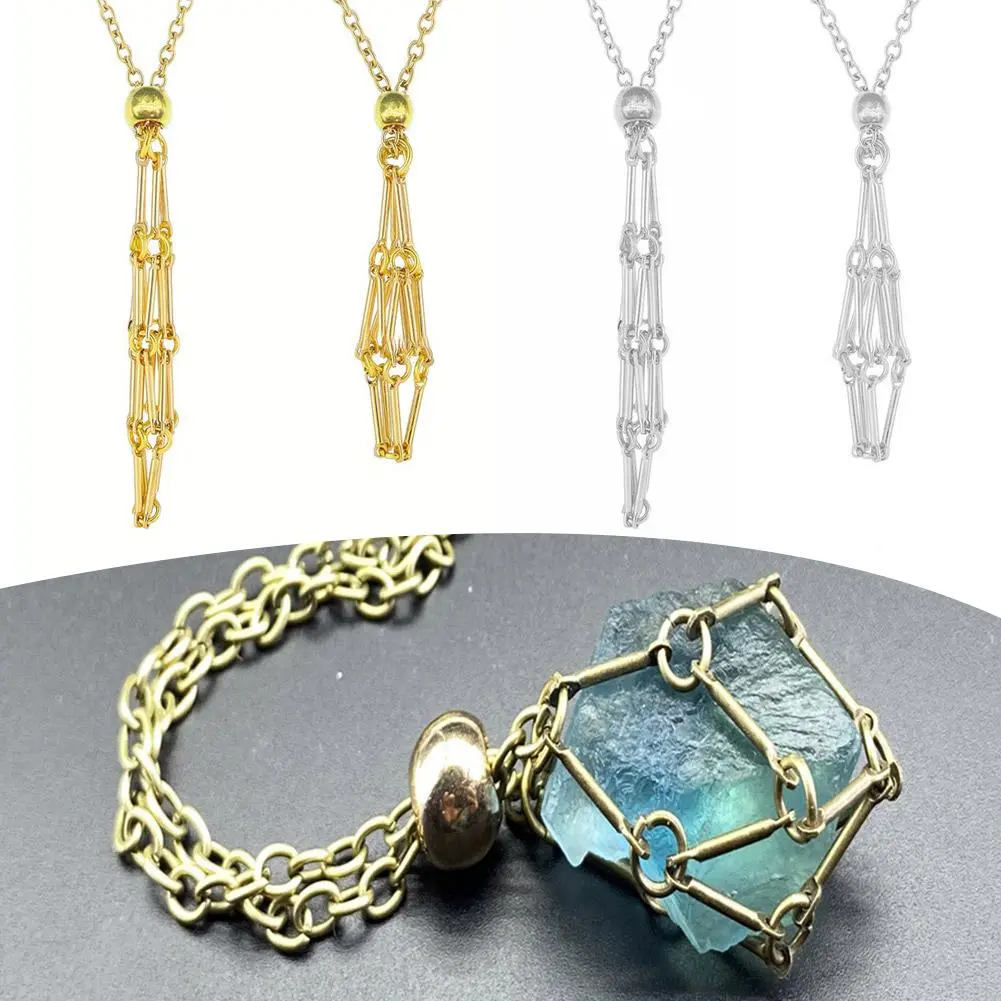 Stainless Steel Crystal Holder Cage Necklace Interchangeable Stone Holder Cage Necklace Chain for Women Men Necklace Accessories