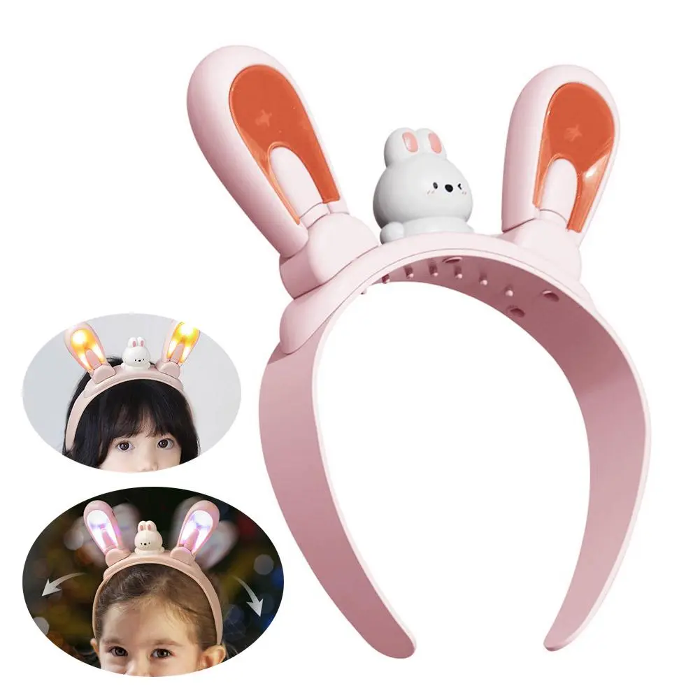 Kids Bunny Ears Headband with LED Light Electric Swing Function Soft Comfortable for Birthday Party Role Play Costume Gift C9Q9