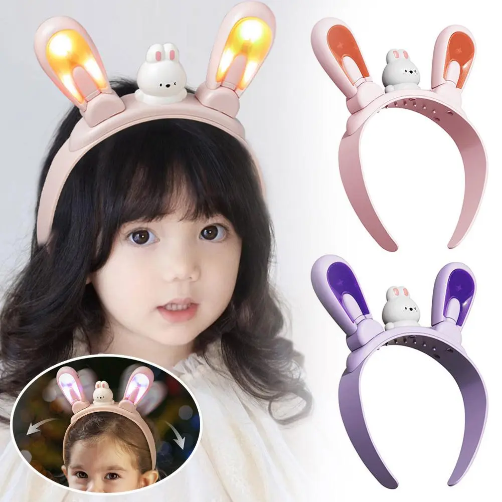 Kids Bunny Ears Headband with LED Light Electric Swing Function Soft Comfortable for Birthday Party Role Play Costume Gift C9Q9