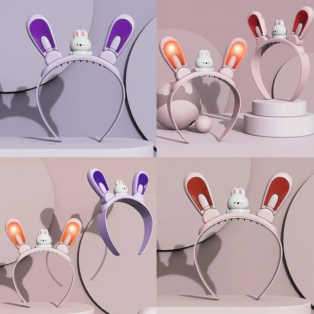 Kids Bunny Ears Headband with LED Light Electric Swing Function Soft Comfortable for Birthday Party Role Play Costume Gift C9Q9