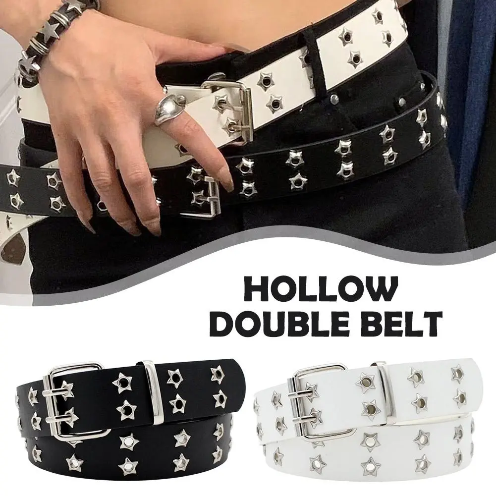 Rivet Belts Men Women Double Star Eyelet Grommet Waist Waist Adjustable Accessories Punk Clothing Strap Belt J3G0