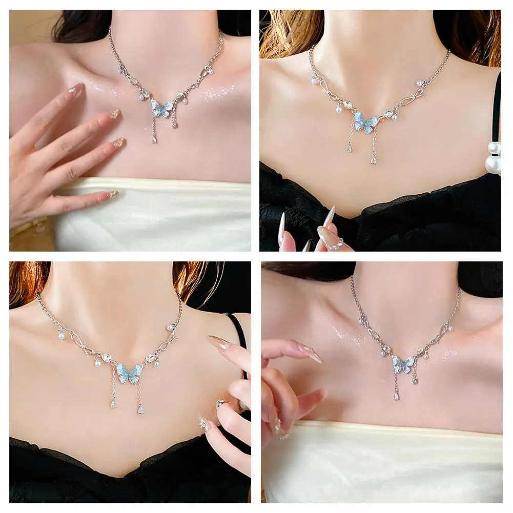 New Luxury Blue Crystal Butterfly Pendant Necklace for Women Shiny Zircon Double Butterfly Temperament Choker Girl Party Jewelry