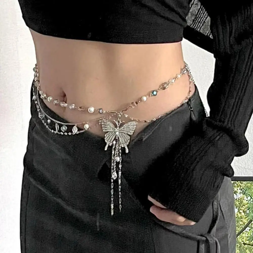 Dainty Butterfly Multilayer Waist Chain Necklace Alloy Silvery 51-60cm Retro Body Jewelry For Women Party Fashion Elegant G C8H5